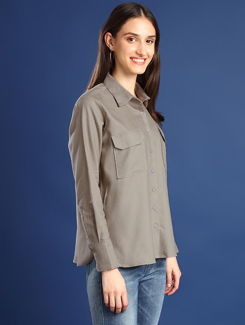 women solid collared long sleeve shirt - 22038747 - Standard Image - 2
