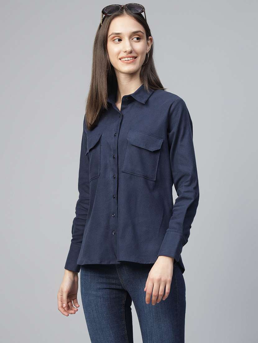 women solid collared long sleeve shirt