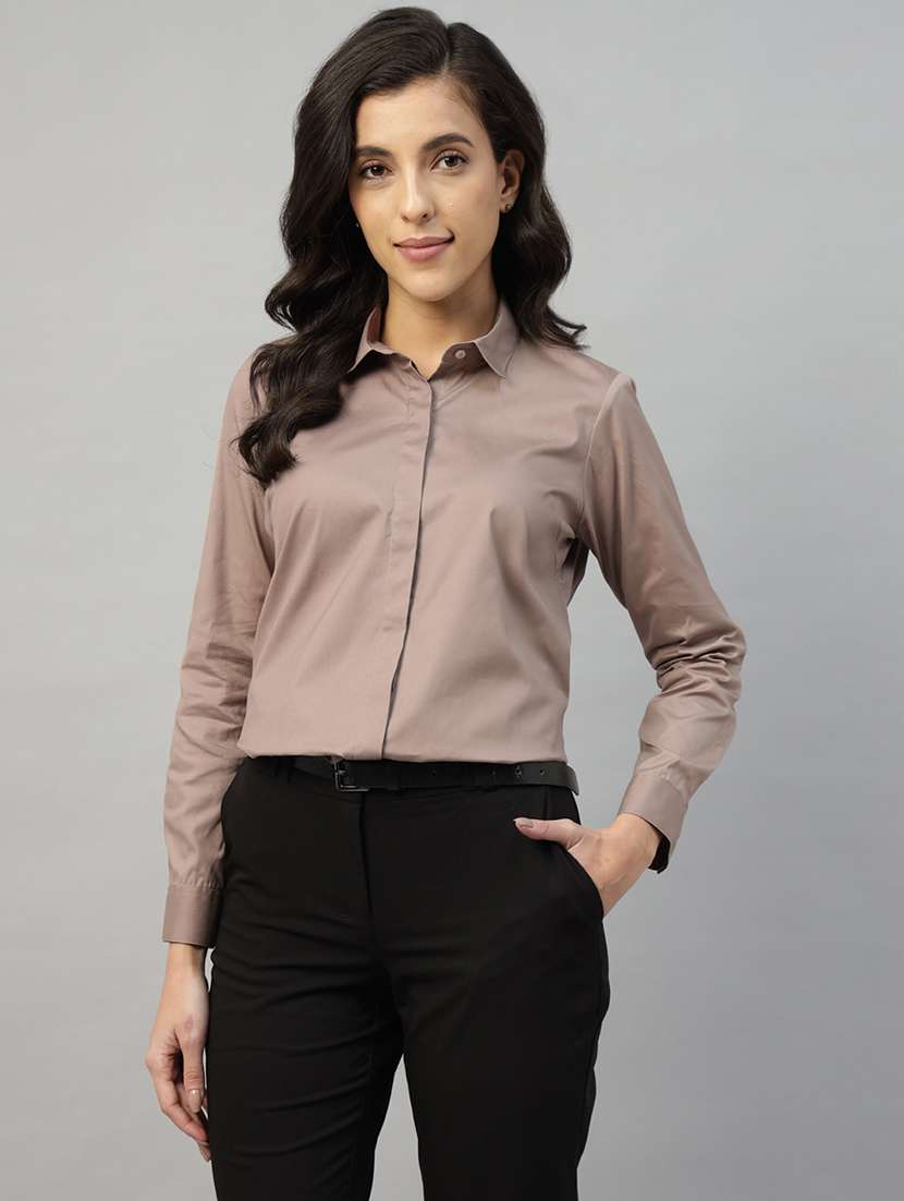 women solid collared long sleeve shirt