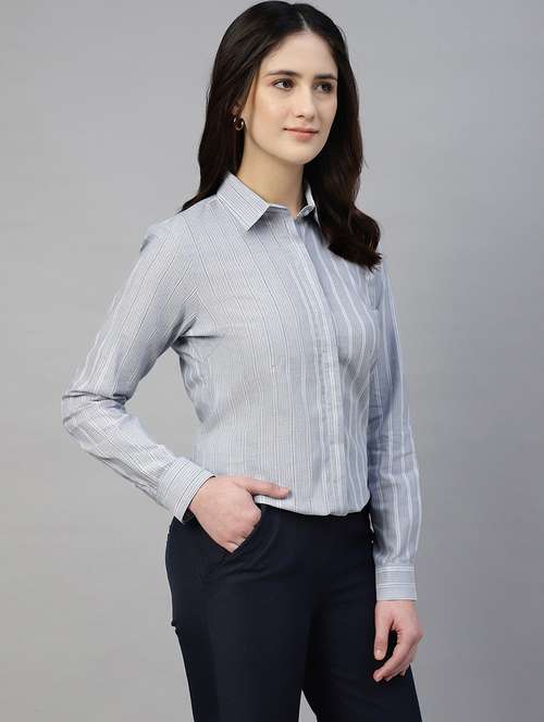 women striped collared long sleeve shirt - 22038777 - Standard Image - 0