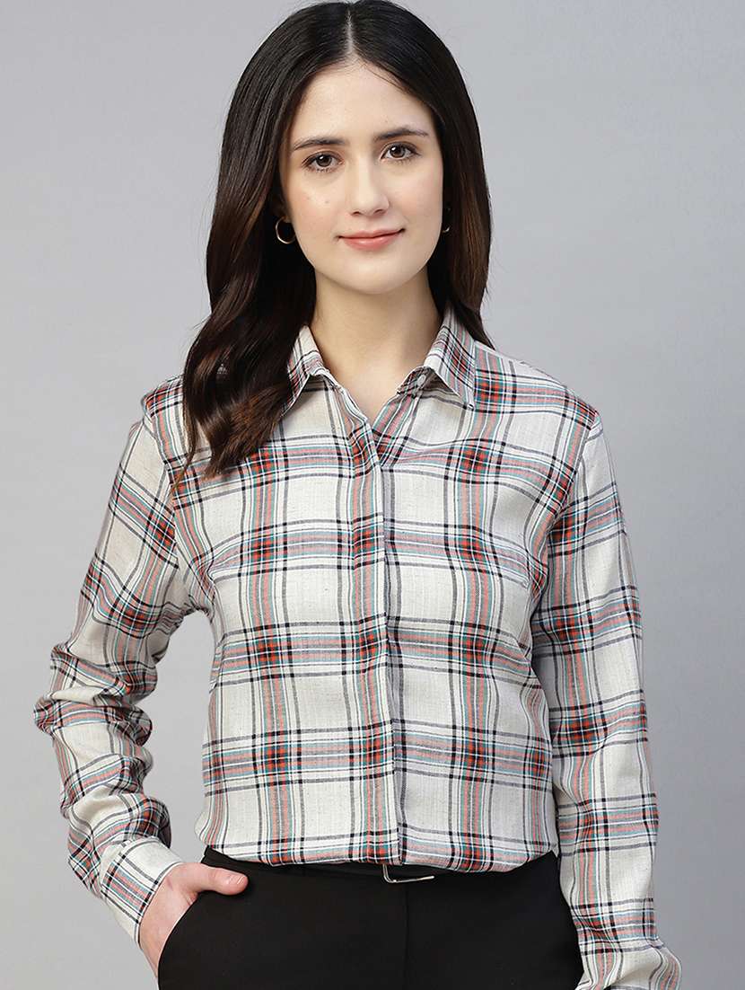 women checkered collared long sleeves shirt