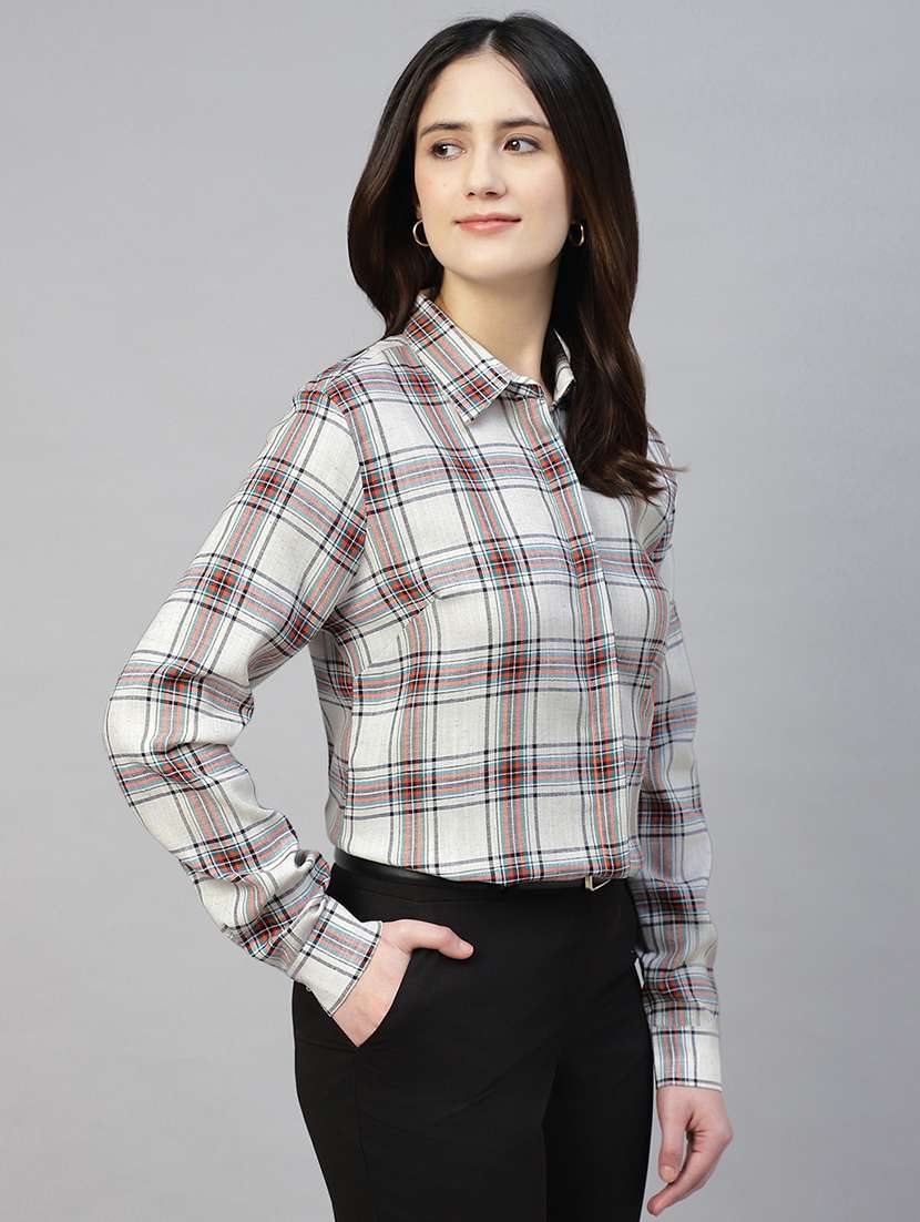 women checkered collared long sleeves shirt - 22038783 -  Standard Image - 2