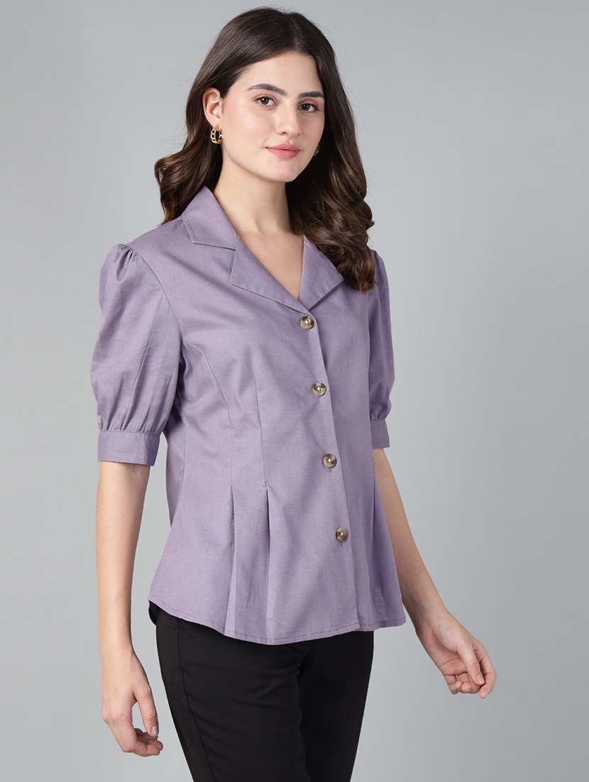 women solid lapel collar puff sleeve shirt - 22038793 -  Standard Image - 2