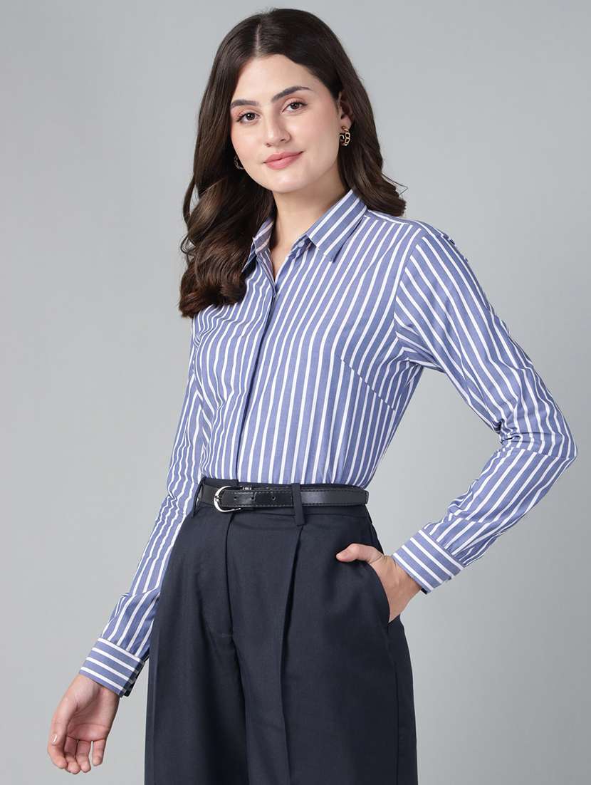 women striped collared long sleeve shirt - 22038794 - Standard Image - 2