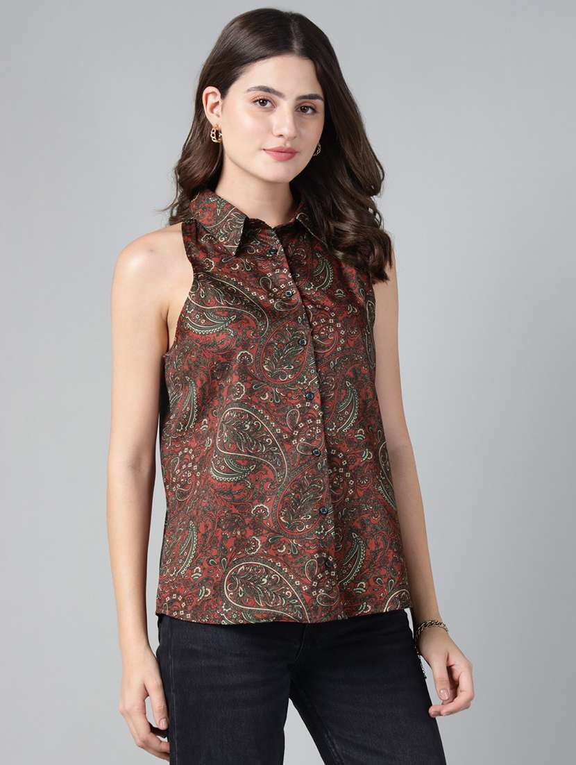 women printed collared sleeveless regular fit shirt - 22038798 - Standard Image - 2