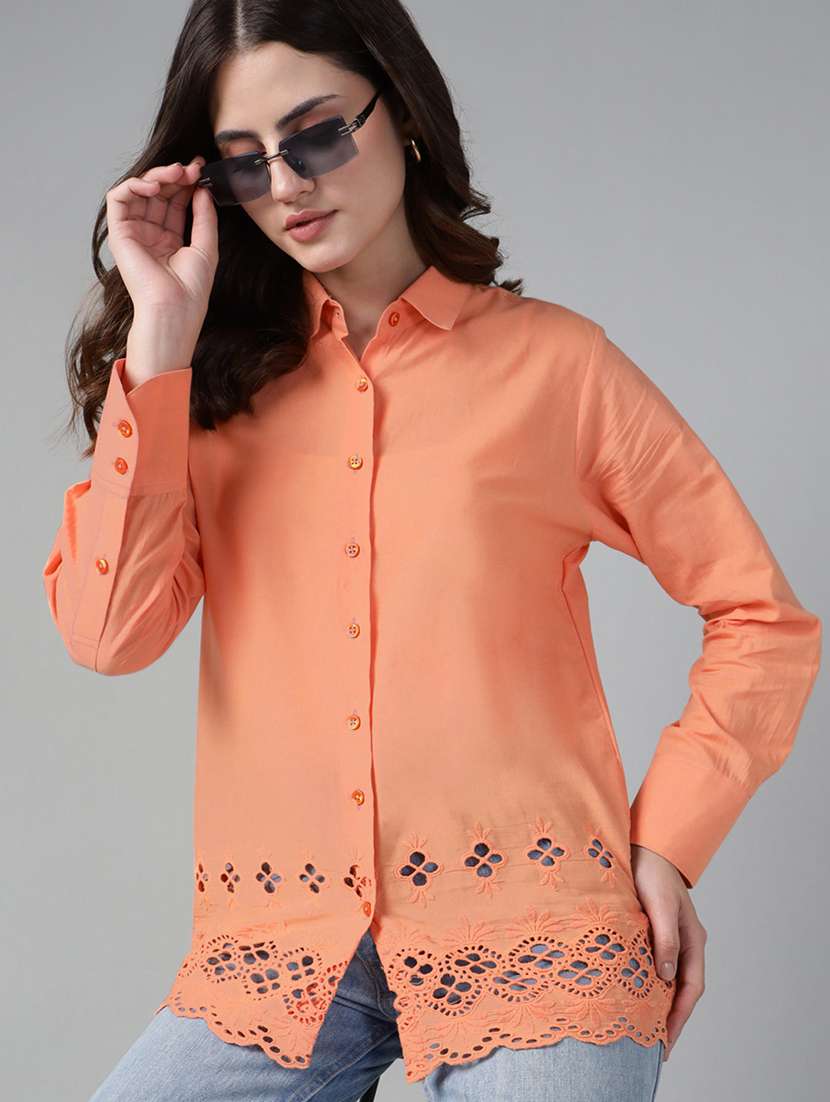 women solid collared long sleeve schiffli shirt - 22038800 -  Zoom Image - 0