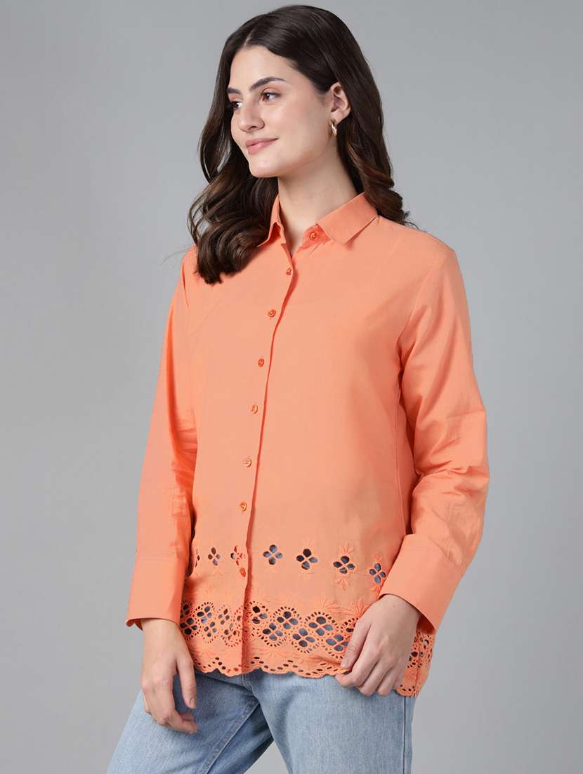 women solid collared long sleeve schiffli shirt - 22038800 - Standard Image - 2