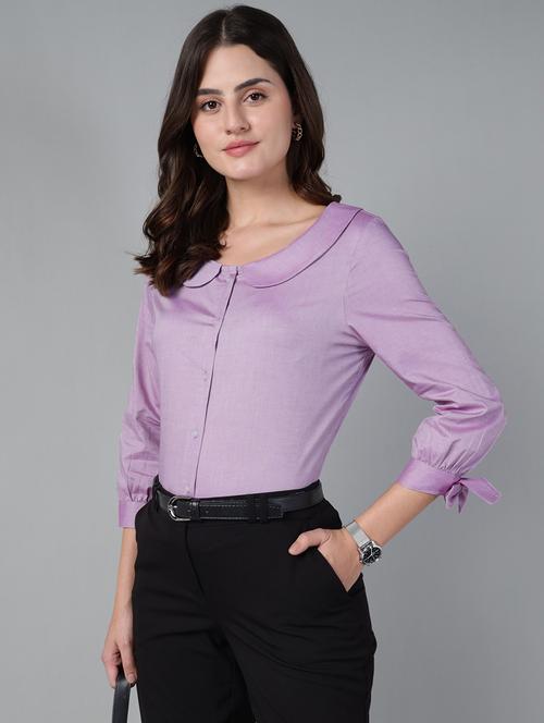 women solid peter pan collar three quarter sleeve shirt - 22038808 -  Standard Image - 0