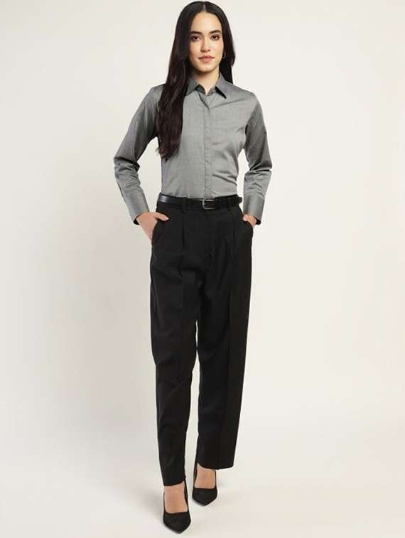 women solid collared long sleeve shirt - 22038811 -  Standard Image - 2