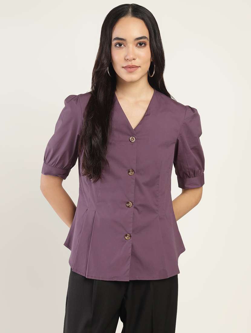women solid puff sleeve regular fit shirt - 22038816 -  Standard Image - 2