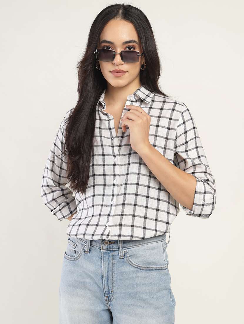 women checkered collared long sleeves shirt