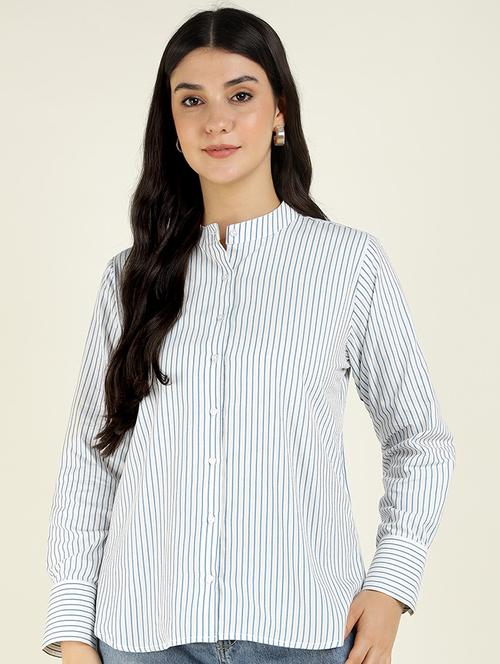 women striped mandarin collared long sleeve shirt - 22038821 - Standard Image - 0