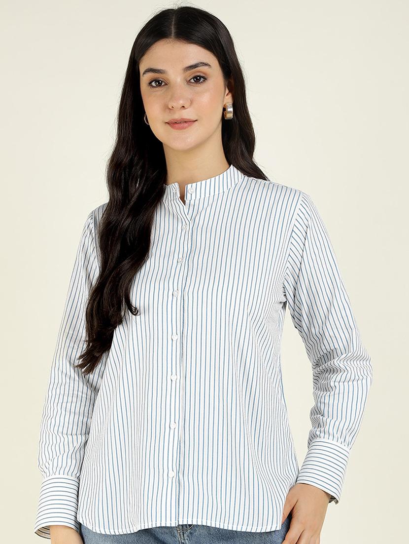 women striped mandarin collared long sleeve shirt - 22038821 - Zoom Image - 0