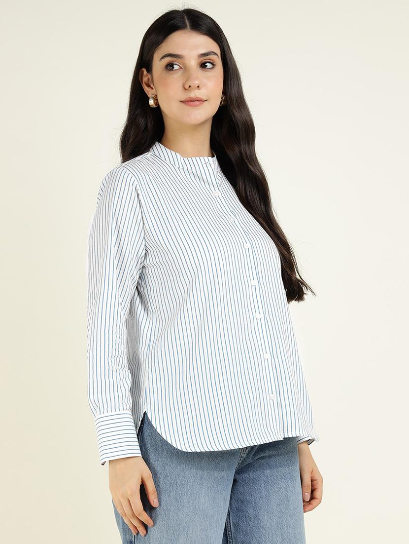 women striped mandarin collared long sleeve shirt - 22038821 - Standard Image - 2