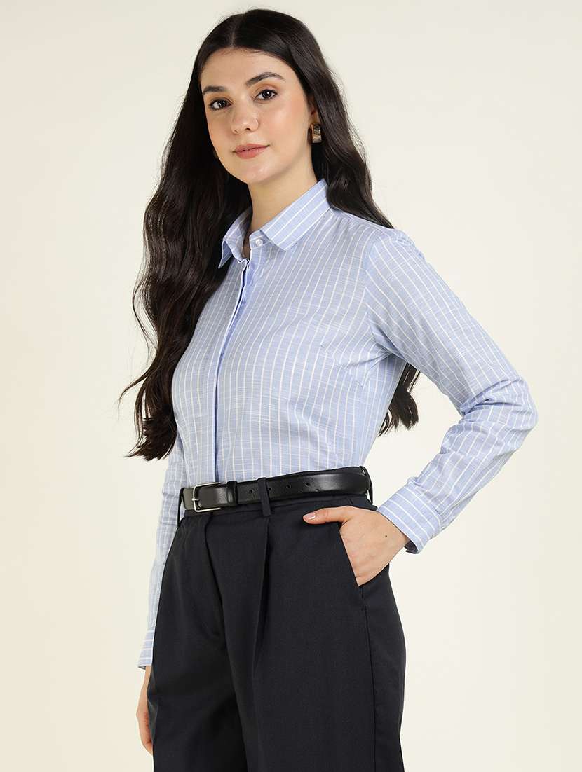 women striped collared long sleeve shirt - 22038824 - Standard Image - 2