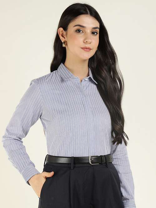 women striped collared long sleeve shirt - 22038829 - Standard Image - 0