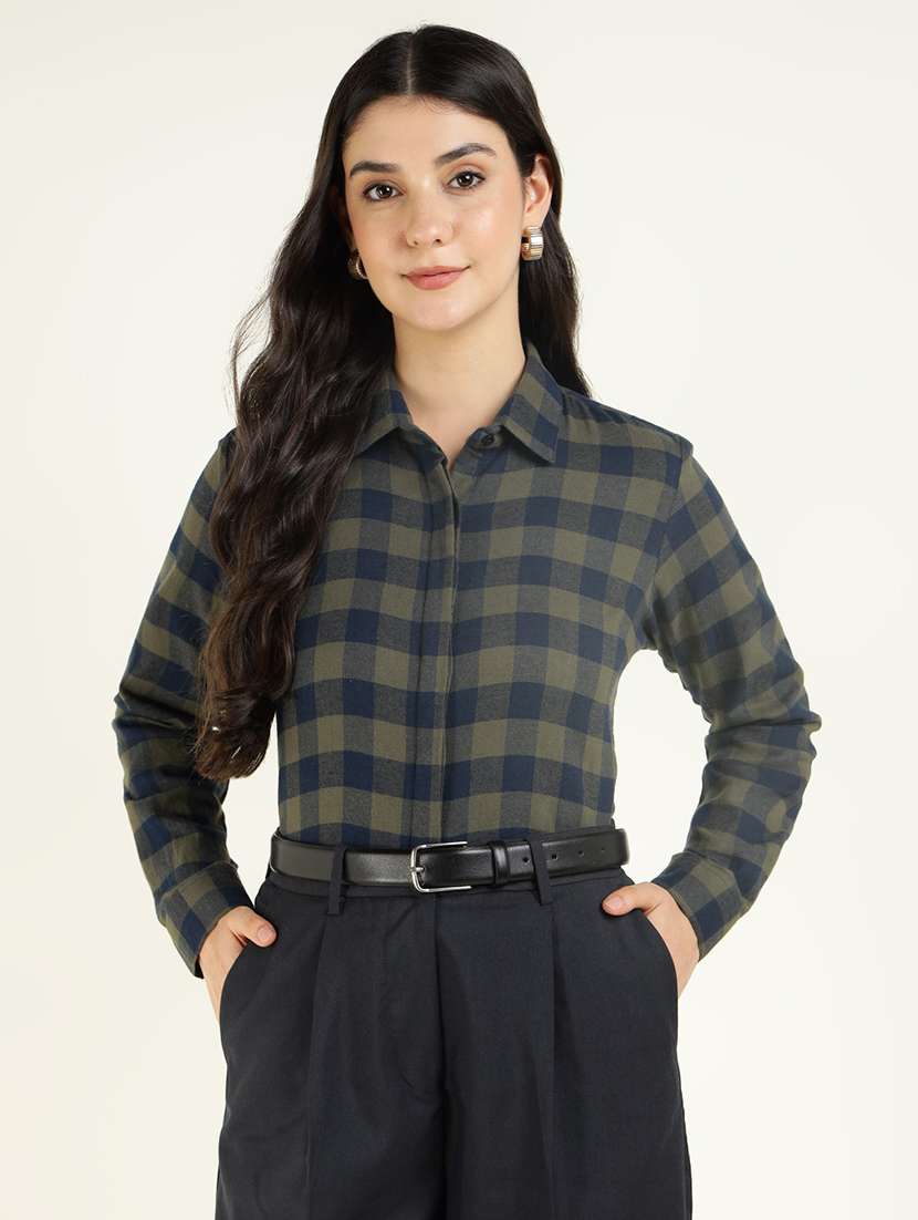 women checkered collared long sleeves shirt