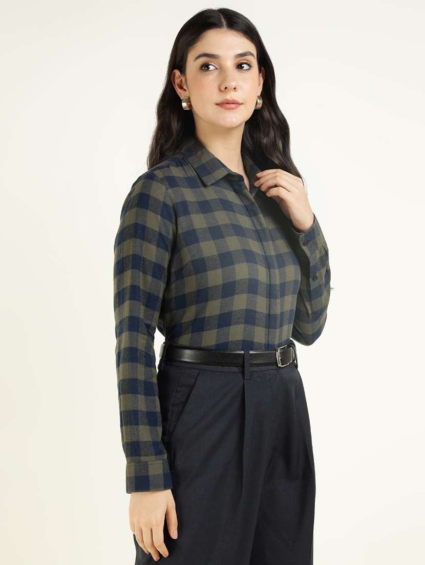 women checkered collared long sleeves shirt - 22038839 -  Standard Image - 2