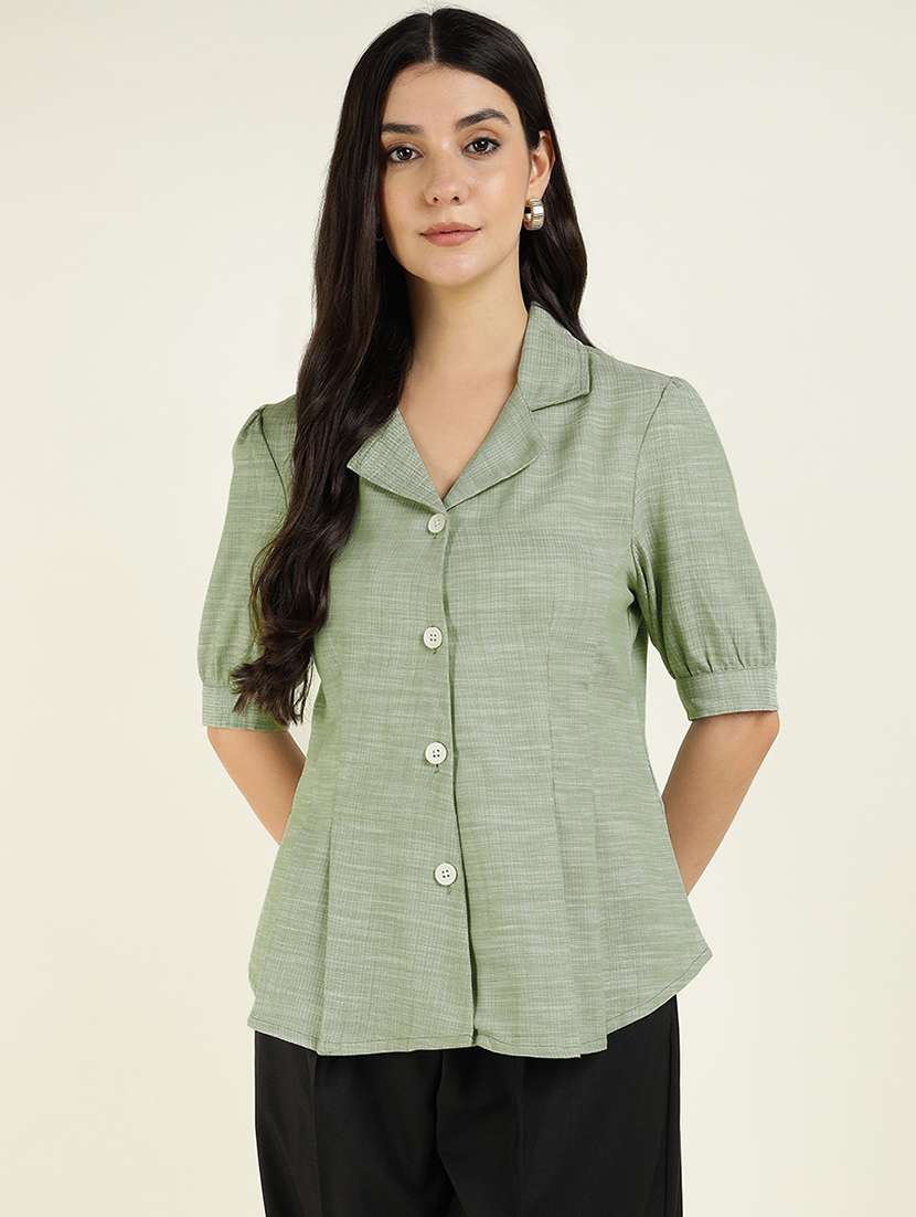 women solid lapel collar regular fit shirt