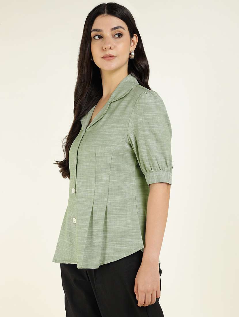 women solid lapel collar regular fit shirt - 22038840 - Standard Image - 2