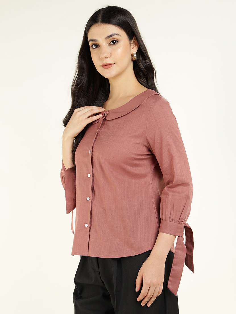 women solid peter pan collar three quarter sleeve shirt - 22038842 -  Standard Image - 2