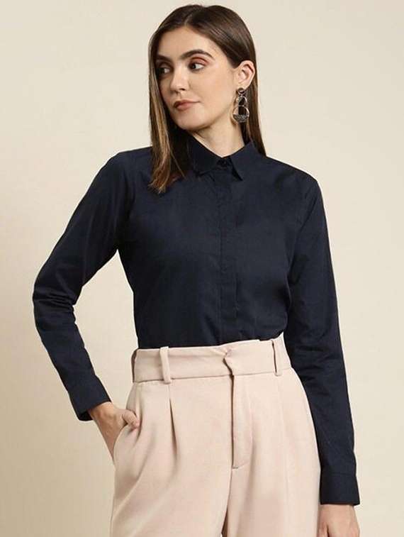 women solid collared long sleeve shirt