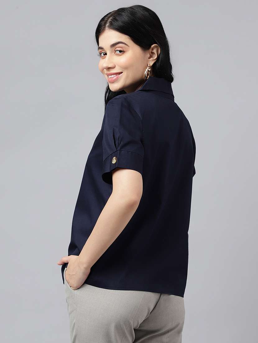 women solid lapel collar short sleeve shirt - 22038859 -  Standard Image - 2