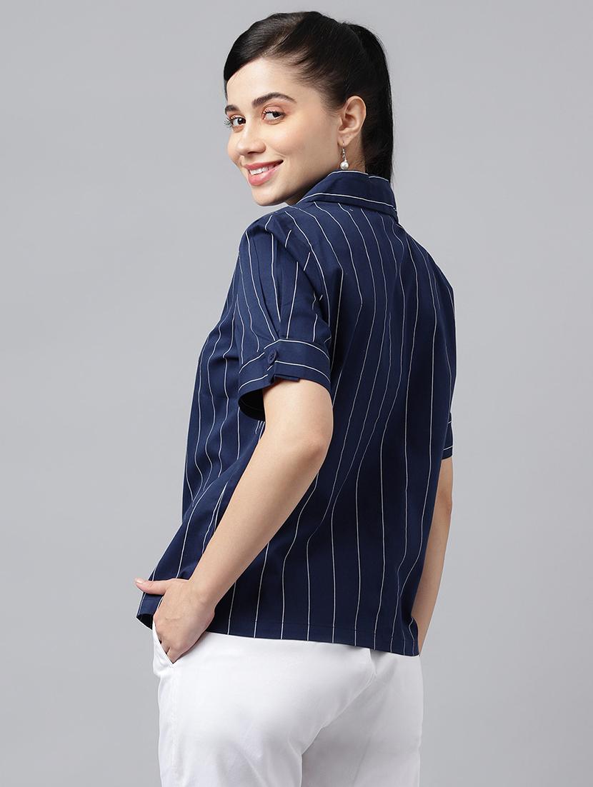 women striped lapel collar regular fit shirt - 22038860 - Standard Image - 2