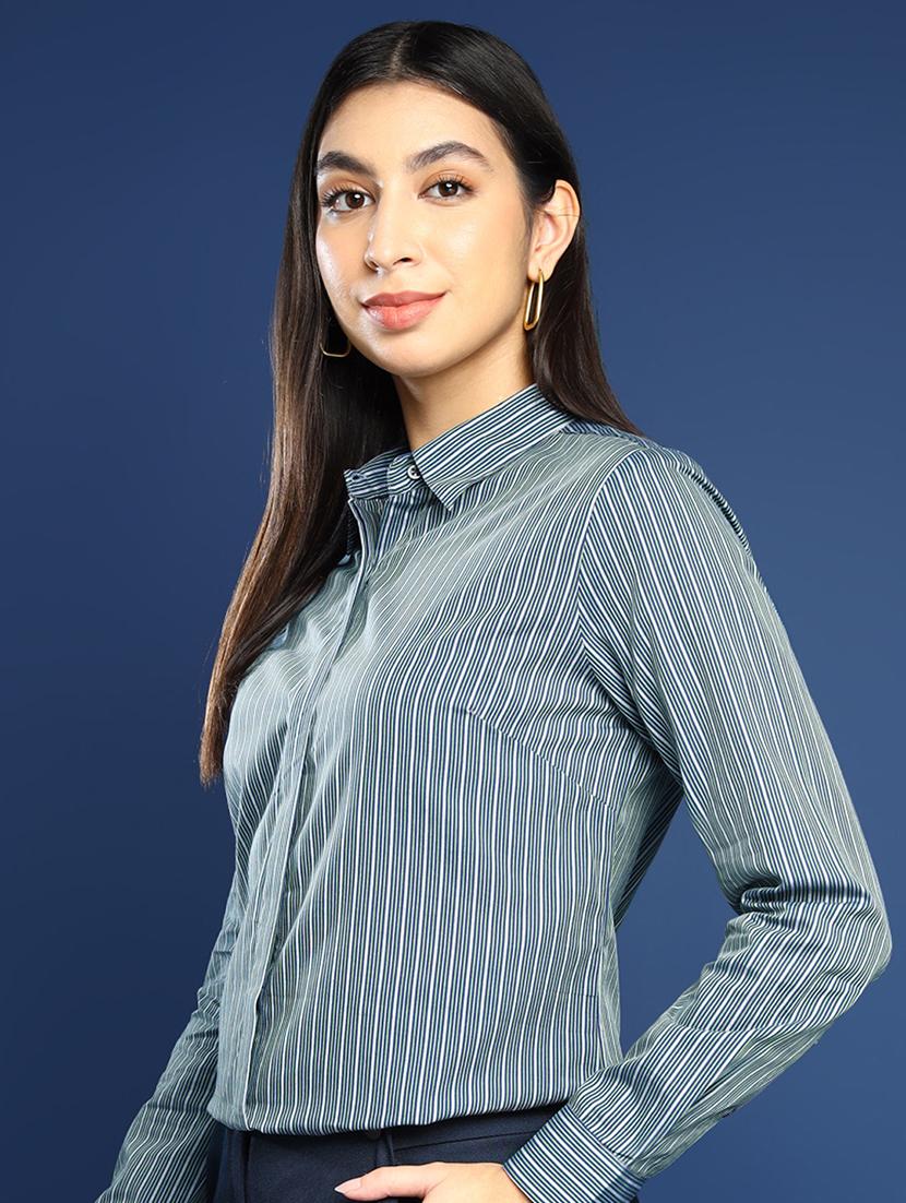 women striped collared long sleeve shirt - 22038869 - Standard Image - 2