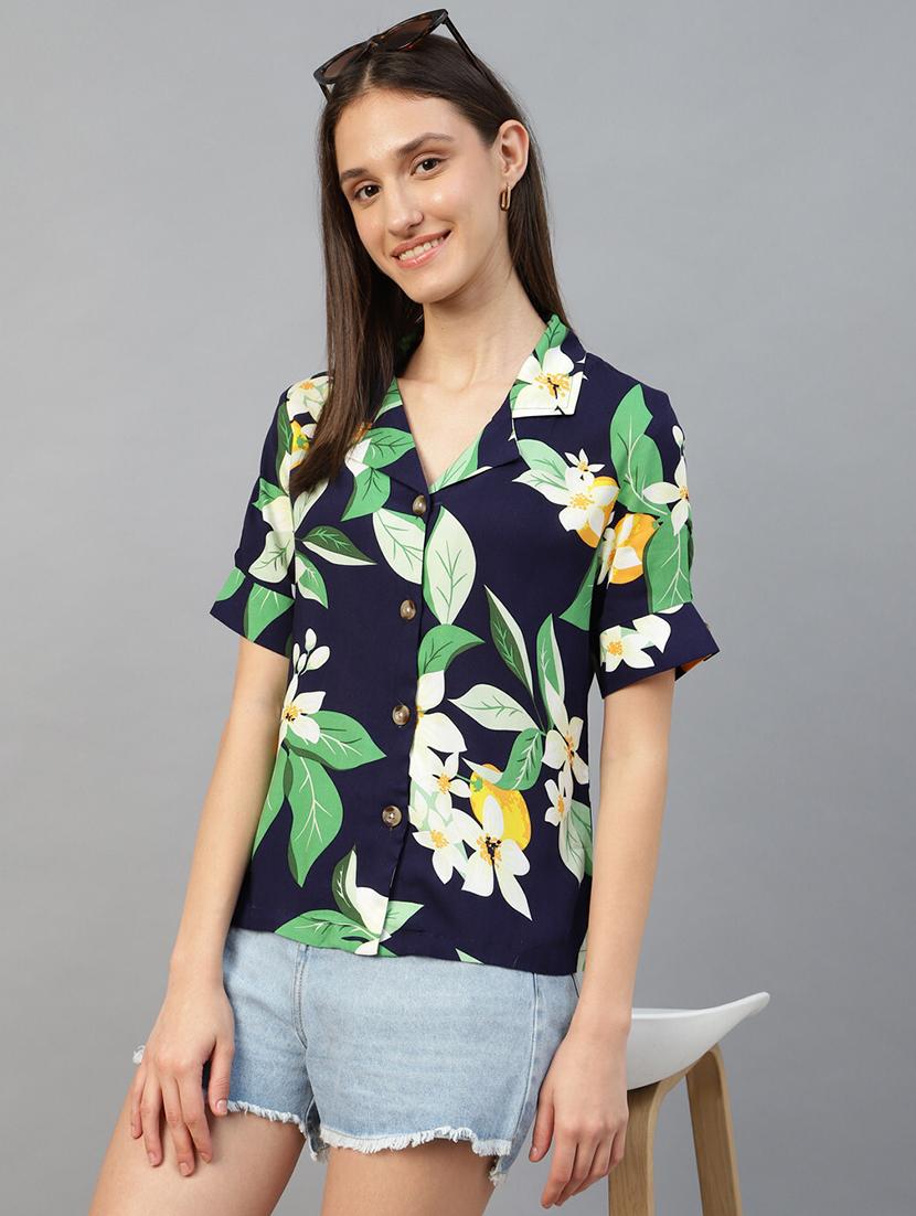 women printed cuban collared long sleeve shirt - 22038870 - Zoom Image - 0