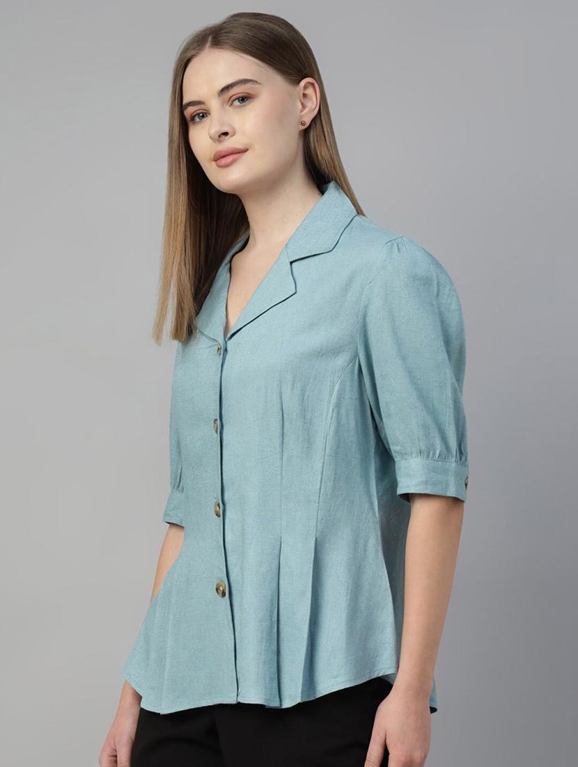 women solid lape collar puff sleeve shirt - 22038875 - Standard Image - 2