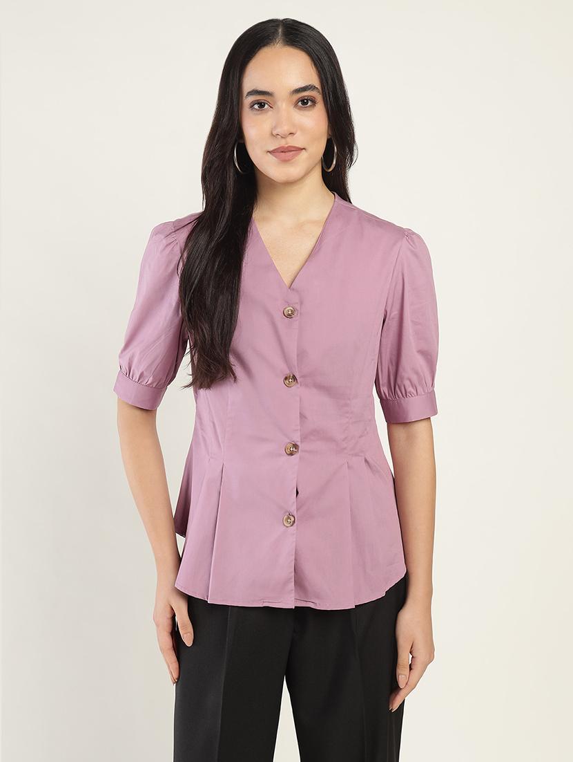 women mauve solid puff sleeve shirt - 22038877 - Standard Image - 2