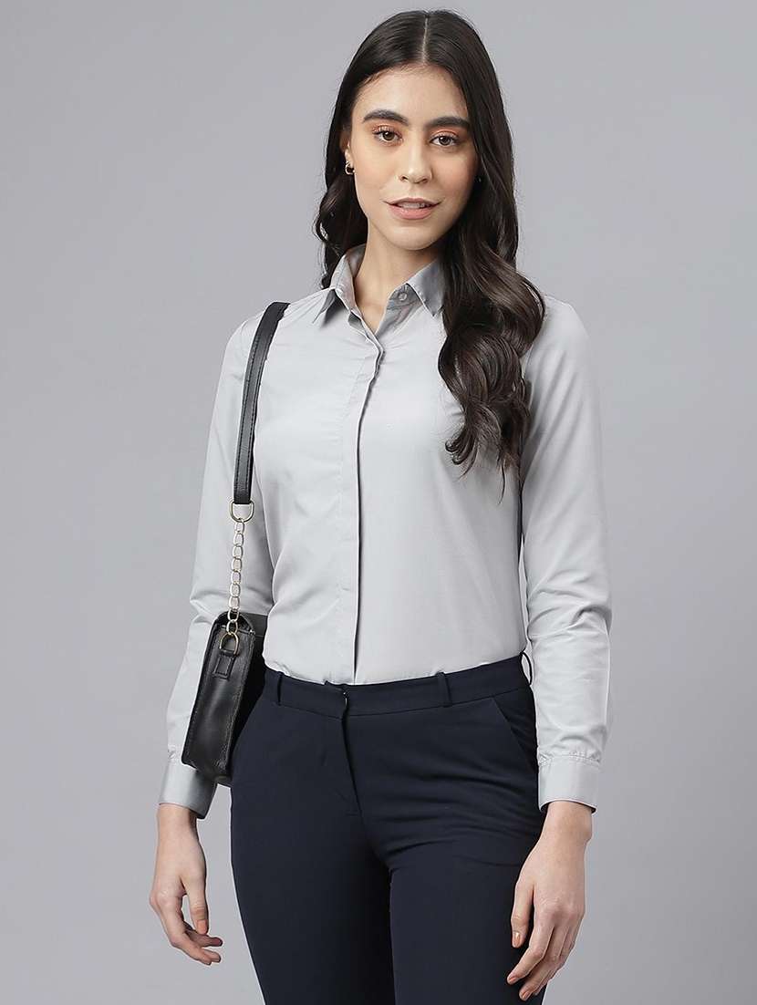 women solid collared long sleeve shirt