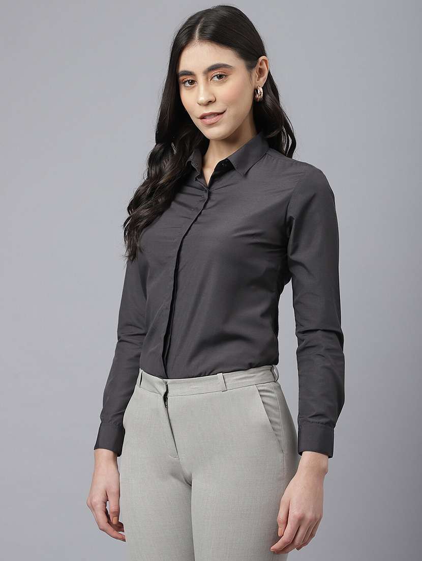 women solid collared long sleeve shirt
