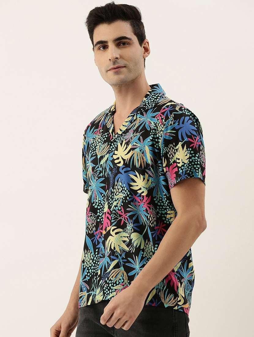 men printed cuban collared short sleeve shirt