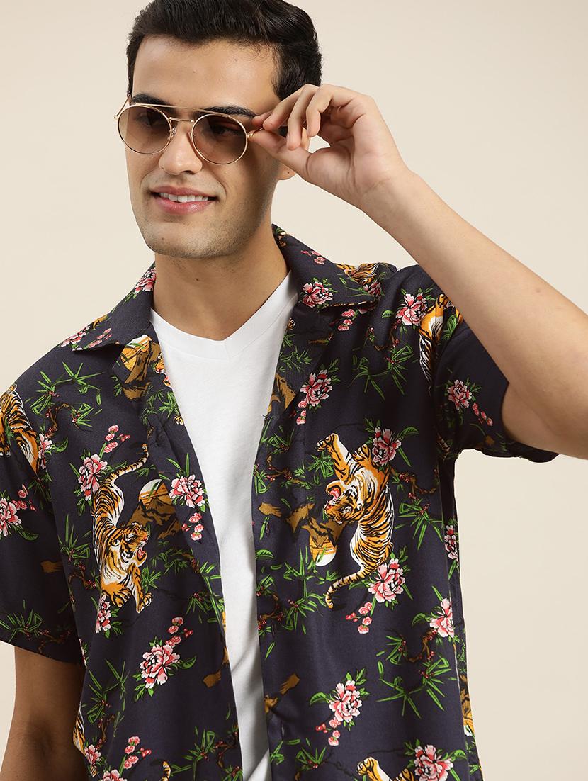 men printed cuban collared short sleeve loose fit shirt