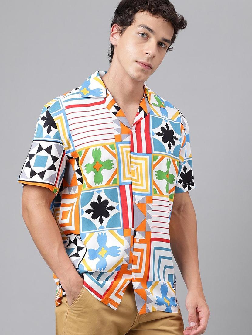 men printed cuban collared short sleeve loose fit shirt - 22038953 - Standard Image - 2