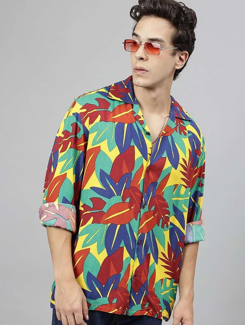 men printed cuban collared long sleeve shirt