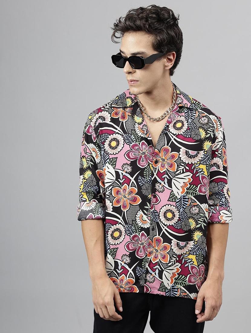 men printed cuban collared long sleeve shirt - 22038961 - Zoom Image - 0