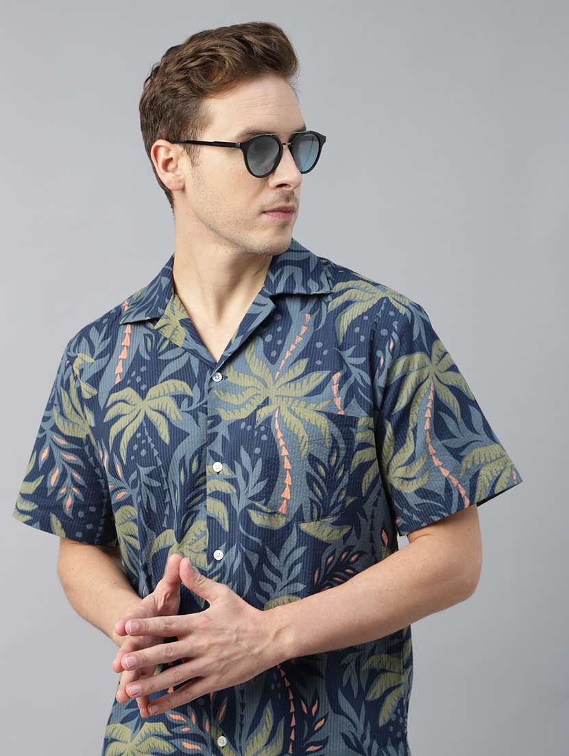 men printed cuban collared short sleeve shirt