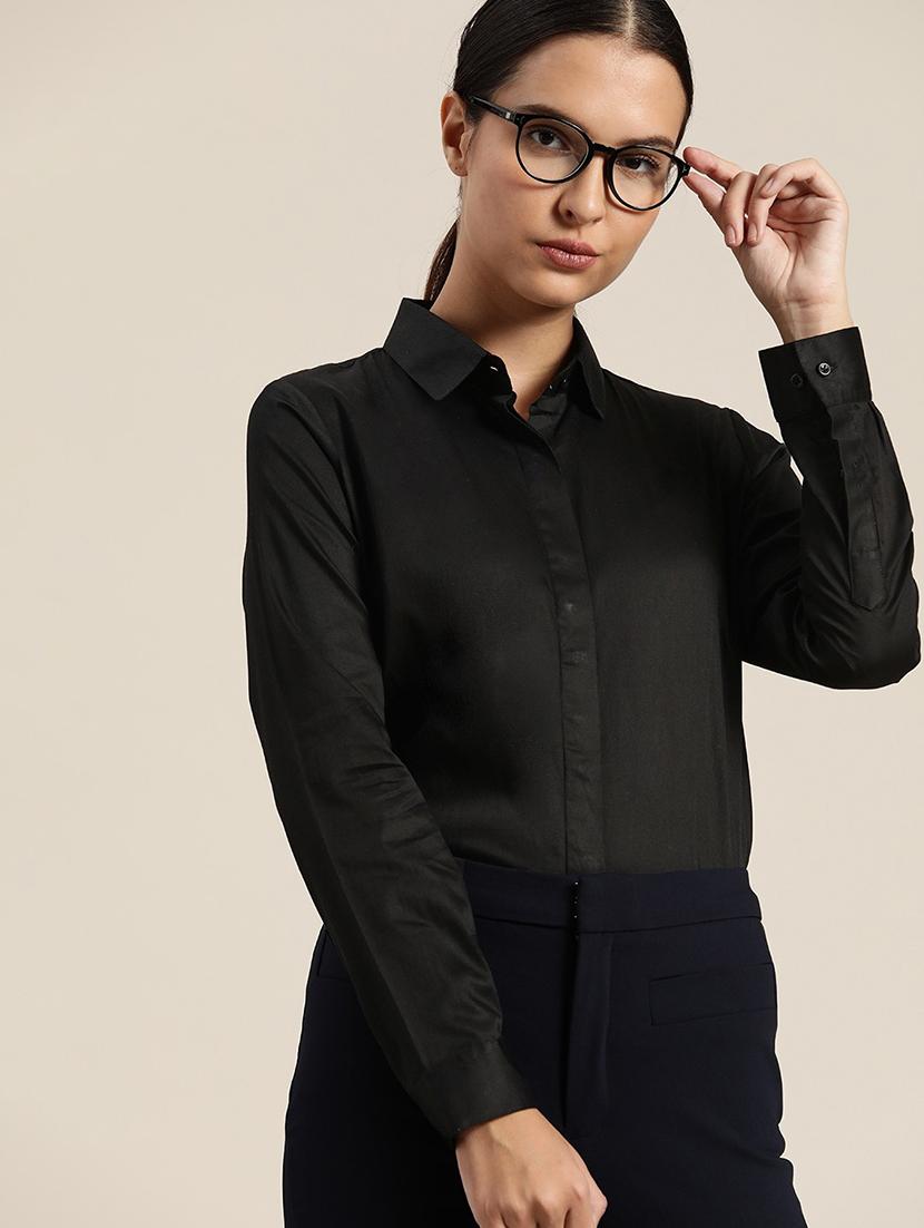 women black solid collared long sleeve shirt - 22039374 -  Zoom Image - 0