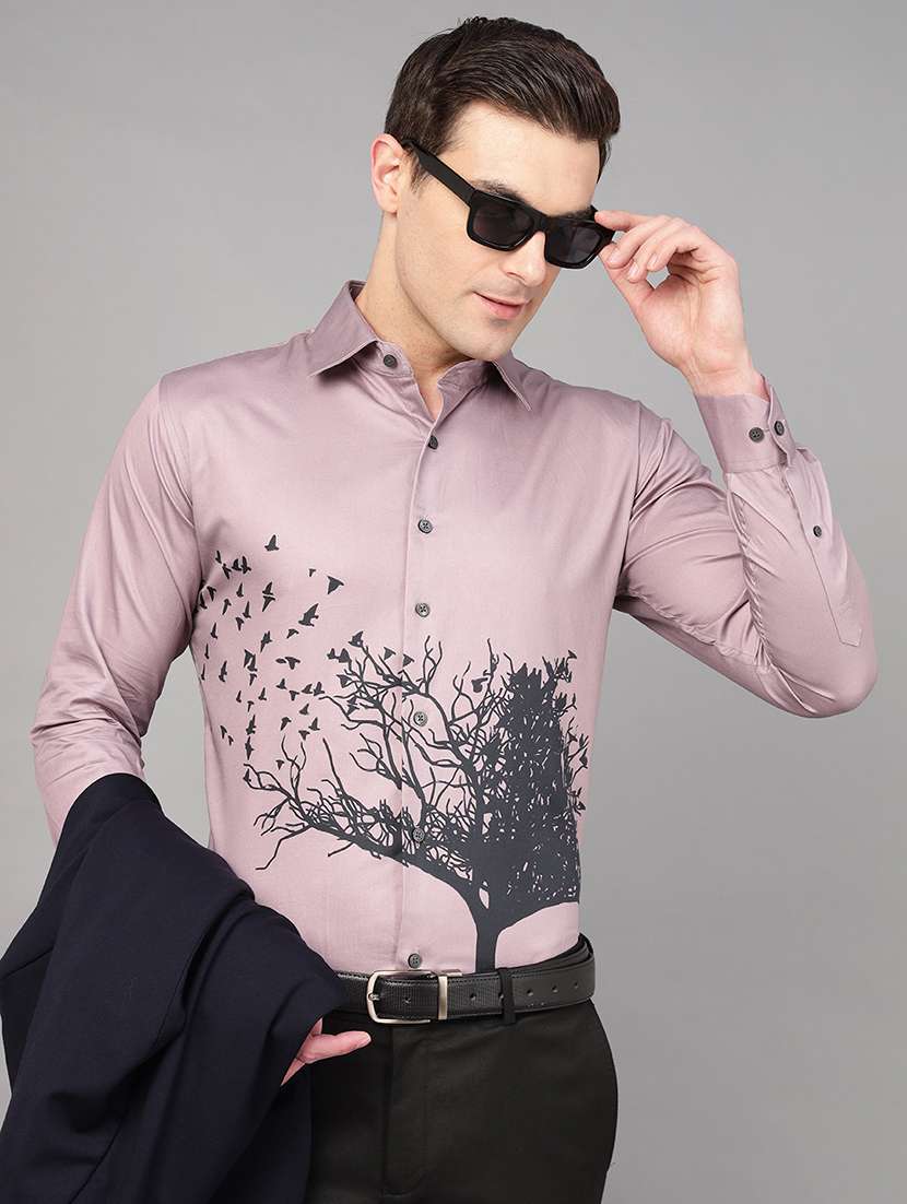men printed collared long sleeve regular fit shirt