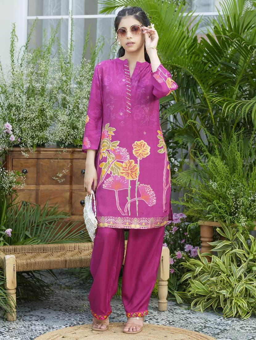 women floral print three quarter sleeve ethnic co-ord set