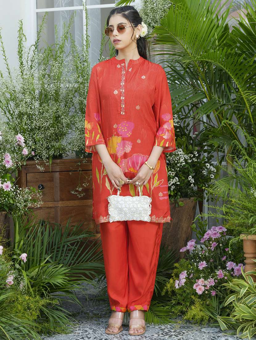 women floral print three quarter sleeve ethnic co-ord set