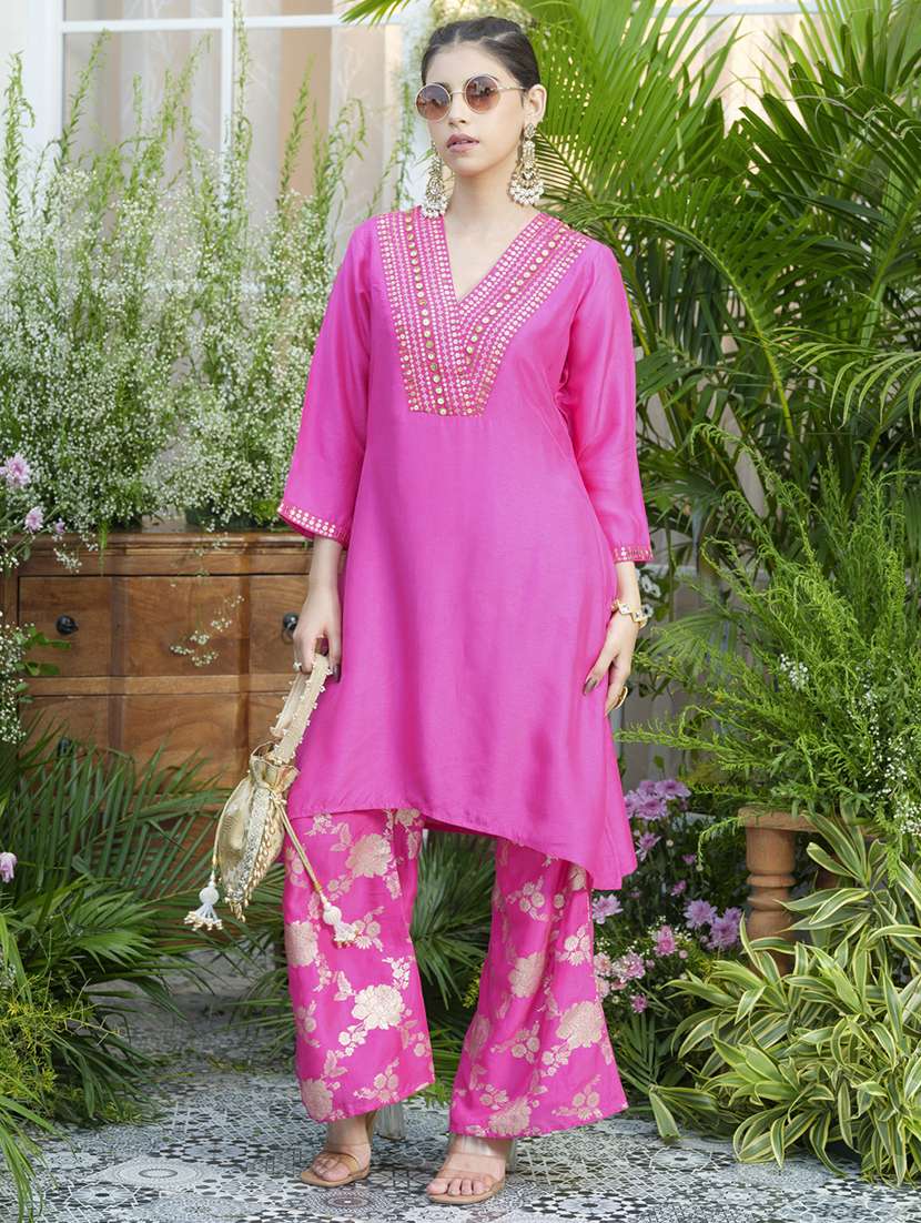 women embroidered three quarter sleeve ethnic co-ord set - 22039739 - Standard Image - 2