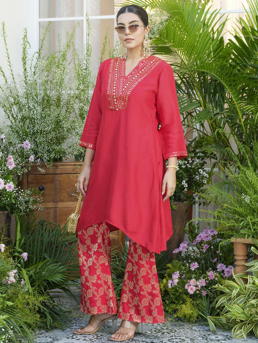 women embroidered three quarter sleeve ethnic co-ord set - 22039740 - Standard Image - 2