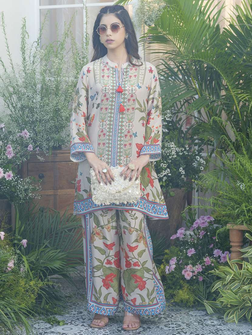 women printed three quarter sleeve ethnic co-ord set