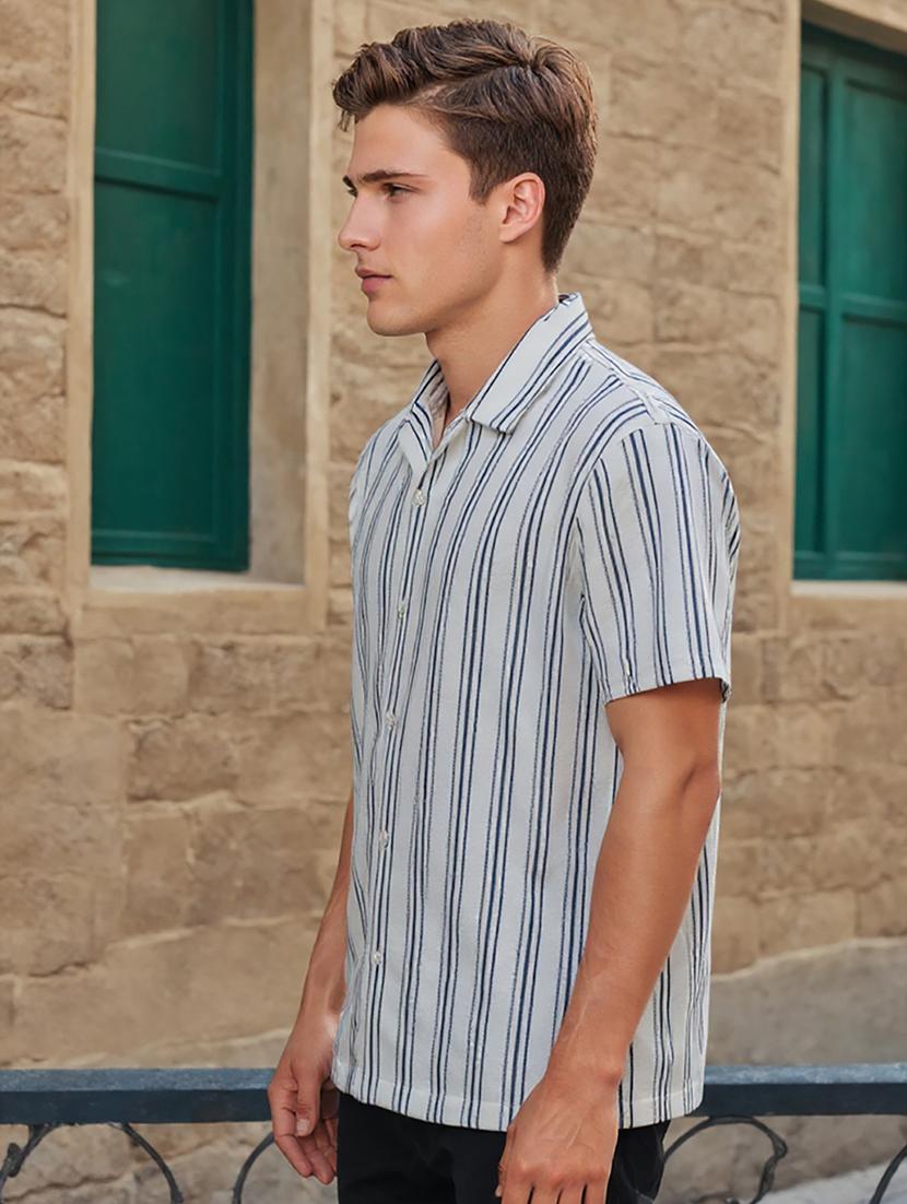 men striped cuban collared loose fit shirt - 22039807 - Standard Image - 2