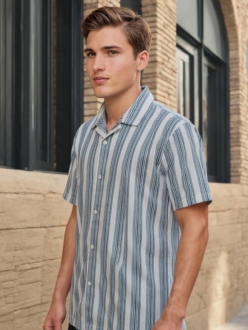 men striped cuban collared loose fit shirt - 22039808 - Standard Image - 2