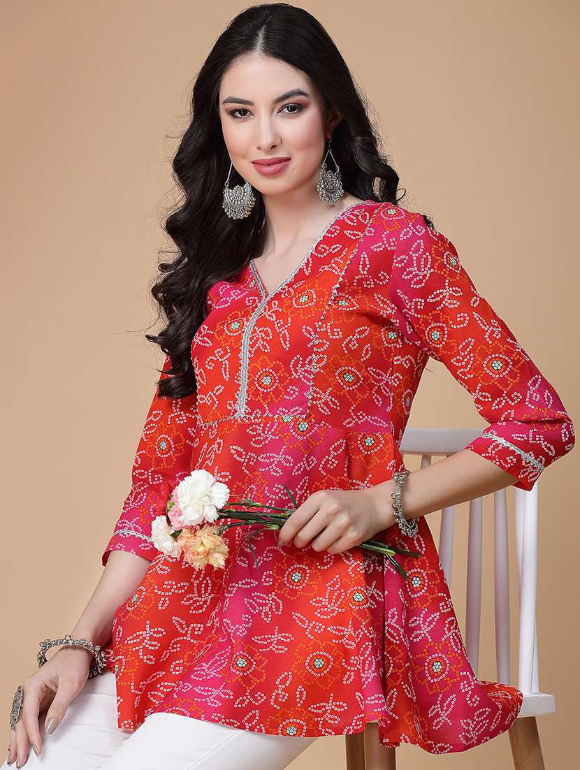 women printed three quarter sleeve flared kurti